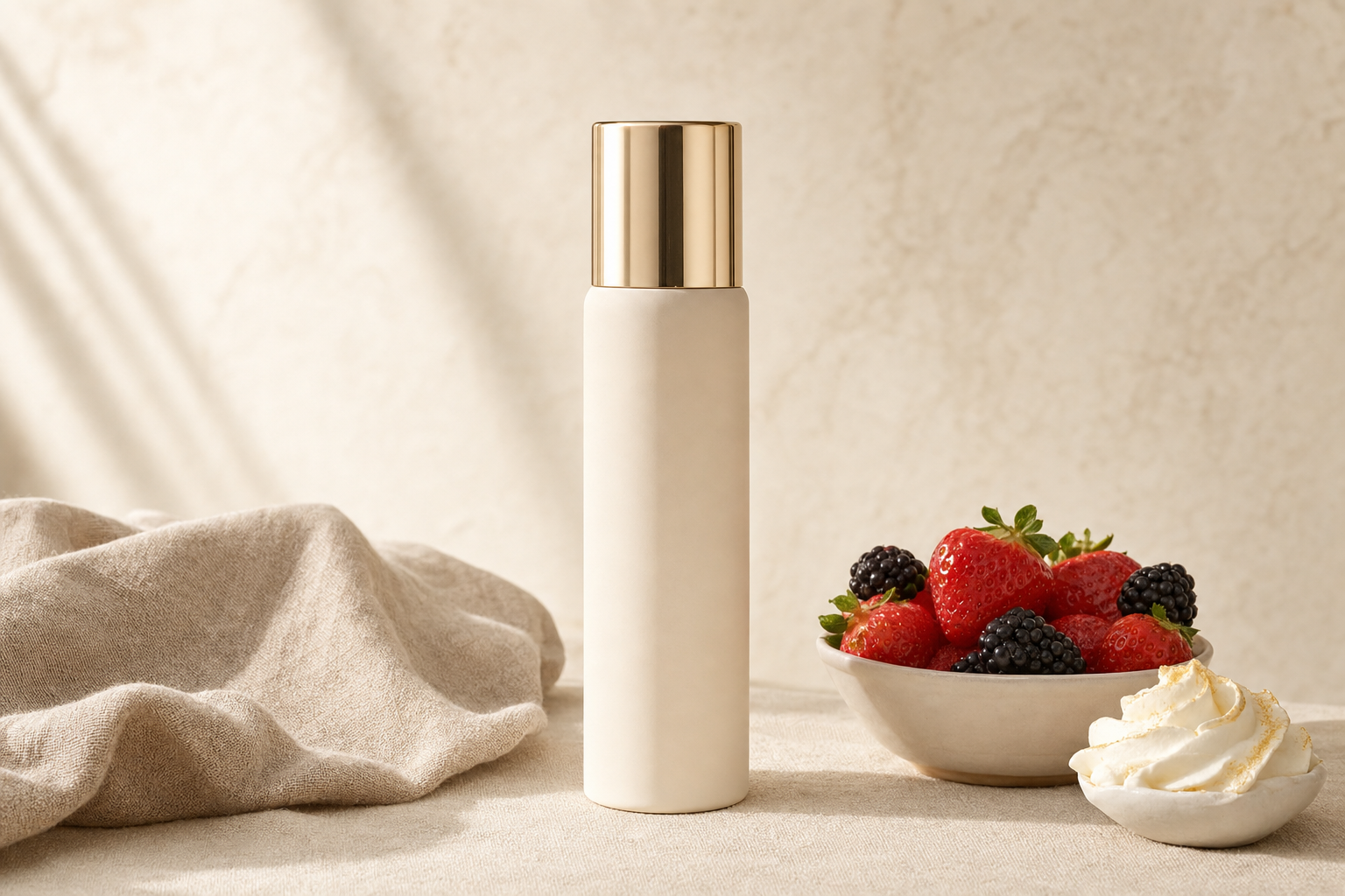 STEL whipped collagen cream beside a bowl of fresh berries and a dollop of whipped cream on cream linen.