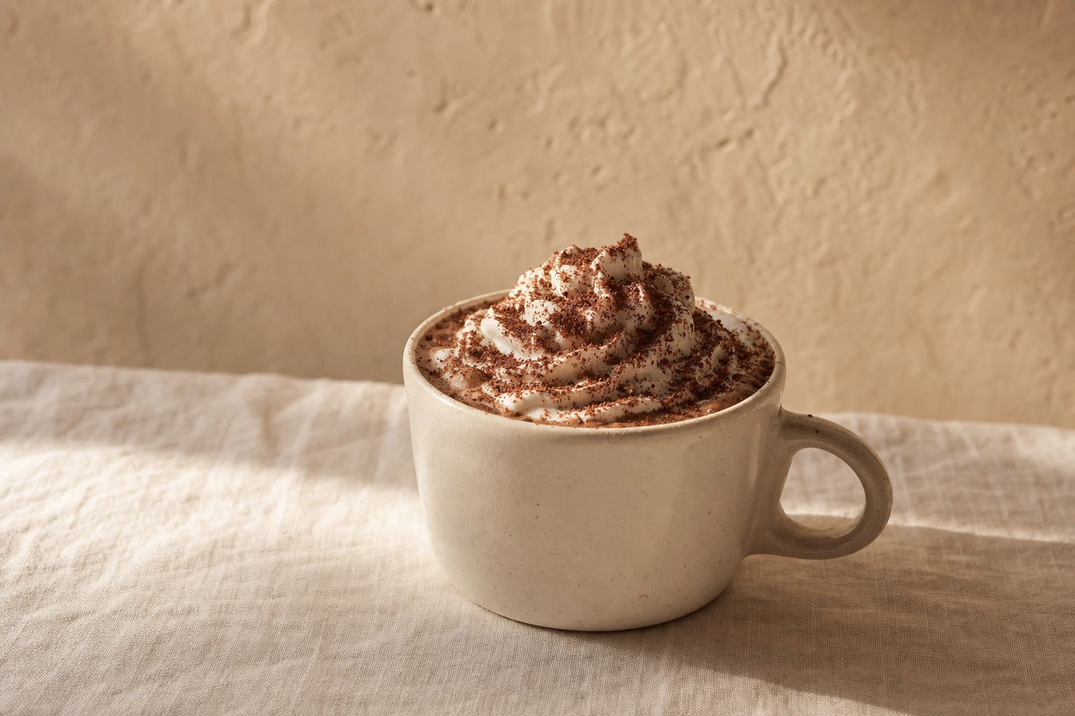Hot chocolate with whipped cream and cocoa shavings