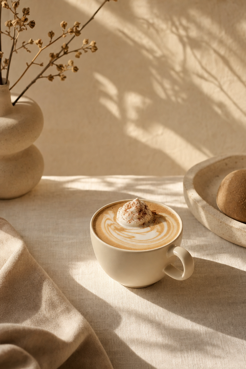 Latte with a dollop of cream and dusting of cinnamon