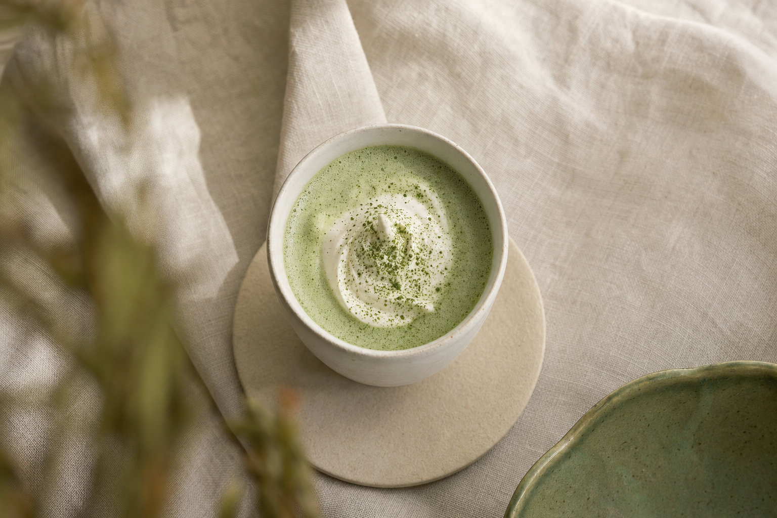 Creamy matcha with a soft swirl of whipped cream