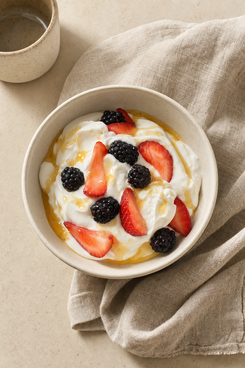 Yogurt bowl with berries, honey, and cream